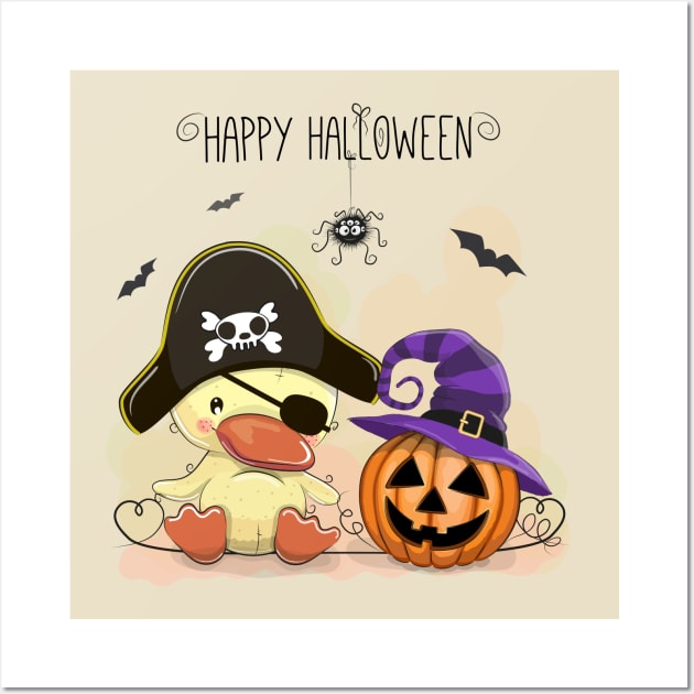 Happy Halloween Pirate Duck and Pumpkin Witch Wall Art by The Lucid Frog